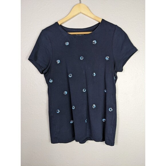 NWOT Talbots Womans Top Sequin Beaded Tee T-Shirt Blouse Sz LP Blue Short N62 - Picture 1 of 6